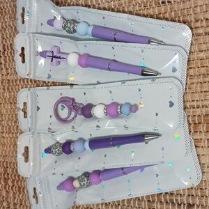 5pc Jesus Theme Handcrafted Purple and White Beaded Pens Keychain Purse Charm